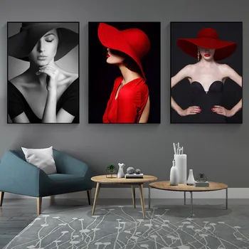  Móda Žena Plagát Červený uzáver Wall Art Obrázky a vzory, Čierne Šaty Plátno na Maľovanie Vintage Lady pre Obývacia Izba Domova