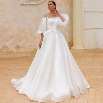  Klasická Lístkového Rukávy Svadobné Šaty 2021 Appliqued Elegantné Saténové A-Line Svadobné Šaty Plus Veľkosť Pláži Princezná Vestido de Noiva