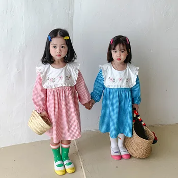  Vyšívané veľké klope Koberčeky dievča šaty bavlna kórejská verzia zahraničných štýl detí šaty princezná šaty, oblečenie pre deti