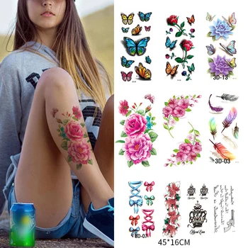  10-4pcs Nepremokavé Dočasné Tetovanie Nálepky, Tlač 3D Motýle, Kvety Koruny Body Art Rameno Hrudníka Falošné Rukáv Tetovanie Ženy