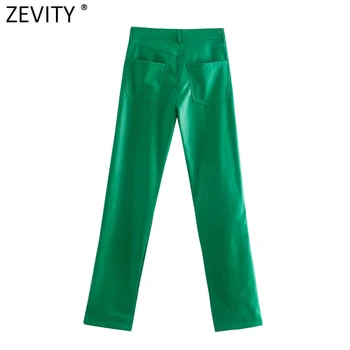  Zevity 2022 Ženy Móda Pevné Vrecká PU Kožené Zelená Slim Rovné Nohavice Žena Elegantné Zips Nohavice Pantalones Mujer P1250