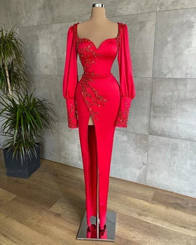  Dlhý Rukáv Skutočné Ženy Večerné Šaty 2022 Milú Luxusné Korálkové Predné Sllit Dubaj Červený Satén Formálne Šaty