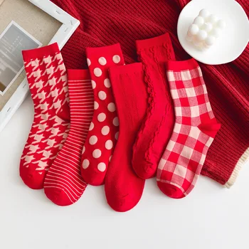  Červená Vianočné Ponožky Stredné Trubice Ponožky pre Mužov a Ženy, Páry Nový Rok Ponožky Jesenné a Zimné Ponožky