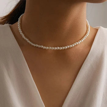  HuaTang Elegant Pearl Choker Náhrdelník pre Ženy, Svadobné Ručné Strand Perličiek Clavicle Reťazca Žena Strany Šperky na Krku