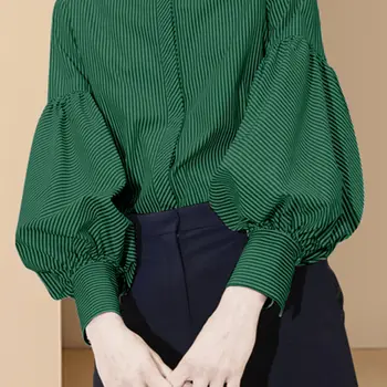  Klasická Blúzka Ženy 2021 Jeseň Freach Elegantné Módne Svietidla Rukáv Tričko Lady Klope Voľné Prekladané Topy Zelené Tlačidlo Nahor Tričko