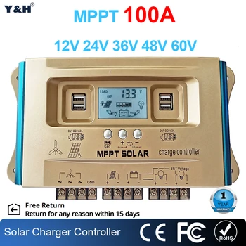  Y&H 100A Vietor Solar Hybrid MPPT Regulátor LCD Duálny USB 12V 24V 36V 48V 60V Nabíjania Batérie Regulátor