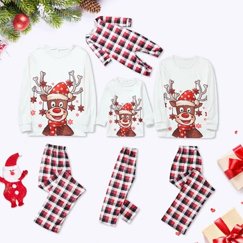  2021 Nový Rok Rodiny Pyžamo Nastaviť Vianočné Elk Tlač Dlhý Rukáv Cartoon Jeleň Sleepwear Vyhovovali Dospelých, Deti Roztomilý Strany Odev