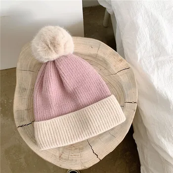  Hrubé vlnené pletené klobúk zimné pom pom klobúk sladké roztomilý vlasy loptu farby zodpovedajúce plus velvet teplý klobúk žien pohodlné klobúk