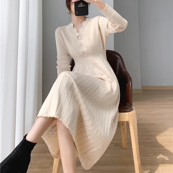 2021 Ženy, Pevné Dlhý Rukáv Jeseň A V Zime Slim Pletenie Sveter Šaty Elegantné Tvaru Šaty Vintage Vysoký Pás Vestido