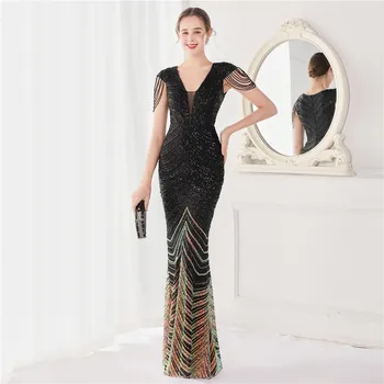  2022 Nové Elegantné Ženy Tvaru Lištovanie Podlahy-Dĺžka Formálne Večerné Šaty Sexy Morská Panna Sequin Luxusné Strany Maxi Šaty Vestidos