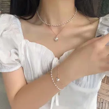  Kórejský Módne Pearl Choker Náhrdelníky pre Ženy Roztomilý Dievča Dvojvrstvové Reťaze Perlový Náhrdelník Prívesok Šperky Žena Golier Kpop