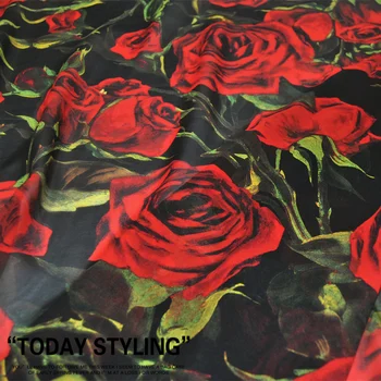  Hodváb Georgette Šifón Šaty Textílie Black Red Rose Veľké Široké Oblečenie DIY Patchs Šitie