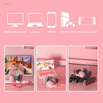  HiFi Stereo Bass Mačka Uši Slúchadlá s Mikrofónom Pre PS5 Headset Hráč Dievčatá RGB Black Pink Prilba pre PC, Notebook, Telefón PS4