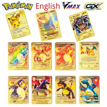  Anglický Pokemon kovové karty sprej fire dragon zlato Vmax karty zbierať darčeky, detské hry, karty zbierať detí dary