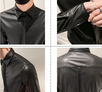  2021 Jeseň Zima Mužov kórejský Slim Fit Kožené Tričko pánske Camisa Sociálne Masculina Trend Značky Módne Čierne Kožené Košele