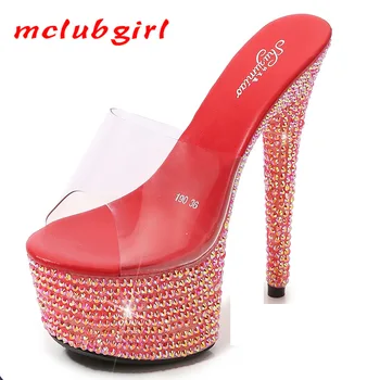  Mclubgirl Drahokamu Päty 13 CM 15 Cm 17 Cm 20 Cm Platforma Crystal Papuče pre Ženy Nighclub Zobraziť Sandále Bling Sandále LFD