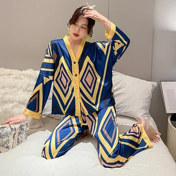  QWEEK Koberčeky dámske Pyžamo Nastaviť Super Módne Veľké Kosoštvorec Tlač Sleepwear Luxusné Hodvábne Ako Odev Bežné oblečenie pre voľný čas Femme NOVÉ