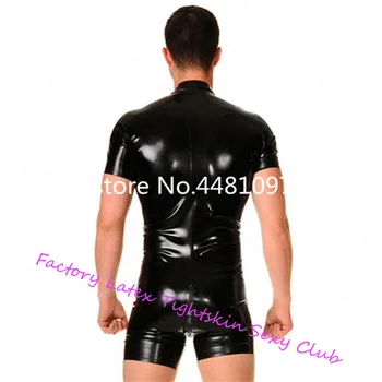  Sexy Čierne jednodielne plavky Pánske Latex T-shirt Latex Polo Šortky s Predné Zip pre Mužov, spodná bielizeň, porno, crotchless kombinézu