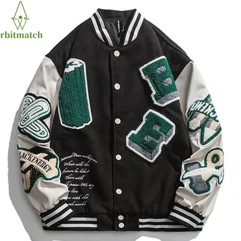  Hip Hop Varsity Jacket Mužov Zimné List Výšivky Patchwork Farebný Blok Baseball Kabát Ženy College Bunda Unisex 2021 Outwear
