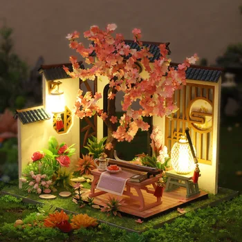  DIY Drevené Miniatúrny domček pre bábiky Zmontované Čínsky Štýl Classic Izba Doll House S Nábytku, Súpravy, Hračky Pre Deti Narodeninám