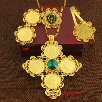  Najnovšie Veľká Veľkosť Kríž Etiópskej svadobné šperky 24K Zlata Farba Drahokamu Šperky Set Afrického svadobné šperky sady Pre Ženy
