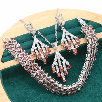  Červený Granát Šperky Set Pre Ženy, 925 Strieborný Náramok, Náušnice, Náhrdelník Prívesok Darčekovej Krabičke