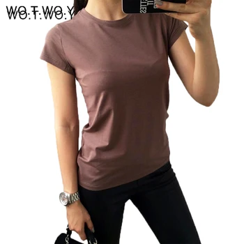  Vysoko Kvalitné 11 Farba S-3XL Plain T Shirt Ženy Bavlnené Elastické Základné T-shirts Žena Bežné Topy Krátky Rukáv T-shirt Ženy 002