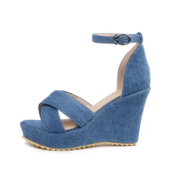  2019 nové prichádzajú ženy módne sandále denim príležitostné letné topánky jednoduchá pracka 10 cm pohodlné kliny topánky žena, čierna modrá 39