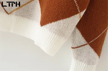  LTPH Americký argyle svetre ženy vintage O-Krk dlhý rukáv top voľné bežné pulóvre lenivý štýl jumper 2021 jeseň nové