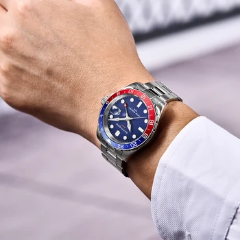  Pánske Hodinky SAPPHERO 100M Vodotesné Swiss Quartz GMT Náramkové hodinky z Nerezovej Ocele Klasické Luxusné Hodiny Montre Homme