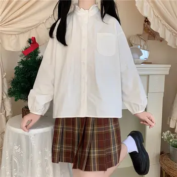  QWEEK Japonský Kawaii Biele Tričko Ženy Prehrabať Stojan Golier Blúzky Dlhý Rukáv Top Soft Dievča 2021 Lolita stspoločnosťou yle Školy Oblečenie