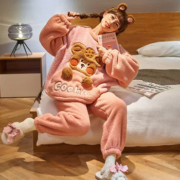  Vianočné Ženy Pyžamo Cute Pyžamo Dospelých Zimné Zahustiť Kapucňou Sleepwear Plyšové Coral Fleece Oblečenie Pre Voľný Čas Pijamas Oblek