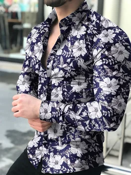  Camisas florales de manga larga de Otoño de 2021 para hombres camisas estampadas con flores de corte delgado para hombres cam