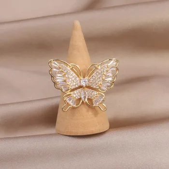  Nové Módne Šperky 14K Reálne zlatenie Luxusné Zirkón Motýľ Krúžok Elegantné dámske Svadbu, Ples Otvorenie Nastaviteľné náušnice