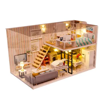  DIY Montáž Drevených Doll House Miniatúrne Bábika Dom S Nábytkom A LED Svetlo, Puzzle, Hračky pre Deti