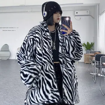  Móda Vintage Umelú Kožušinu Kabát Ženy Jeseň Zima Nové Harajuku Zebra Bežné Baránok Vlna Bunda Kvalitné Teplé Voľné Vrchné Oblečenie
