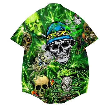  2021 Hip Hop Tričko Streetwear Mužov Havajská Košeľa Zelená lebka listy Harajuku Pláži Tričko HipHop Košele Letné Topy Krátky Rukáv