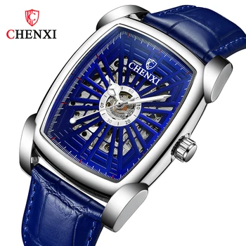  CHENXI nové príležitostné športové pánske hodinky kožený remienok automatické mechanické hodinky fashion square duté vodotesné hodinky