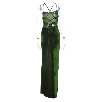  2021 Jeseň Zimné Móda Lomka Krku Špagety Popruh Zamatové Šaty, Sexy Backless Obväz Formálne Večerné Party Split Šaty Zelené