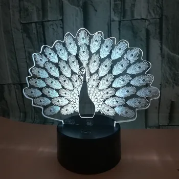 7 Farby Meniace 3D stolná Lampa so Smart Touch & Diaľkové Ovládanie 3D Nočné Svetlo pre Deti, alebo ako darček pre Dievčatá Chlapci (Páv)