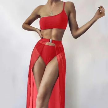  Sexy Červené Bikiny Nastaviť Ženy Rameno Plavky Vysoký Pás Tri Kus Plavky Plavky, Letné Uzáver Ženských Plaviek