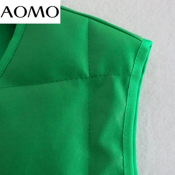  AOMO Ženy Zelená Faux Kožené Vesty bez Rukávov Parkas 2021 Zimné Vrecká Žena Teplé Elegantný Kabát 2J04A