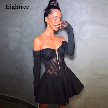  Eightree Sexy Čierne Krátke Mini Dlhé Rukávy Večerné Šaty Prom Šaty Tylu Milú Formálnej Strany Plášte Maturitné Šaty