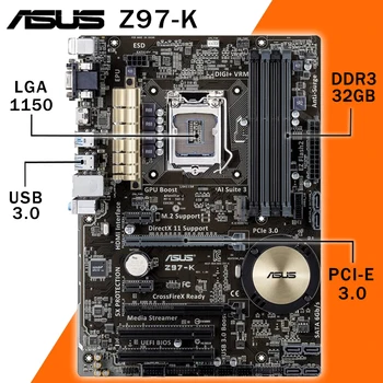  LGA 1150 Asus Z97-K 1150 Doske Core i7/i5/i3 DDR3 3000(OC)MHz M. 2 SSD VGA DVI Intel Z97 Herné Placa-mae 1150 ATX Používané