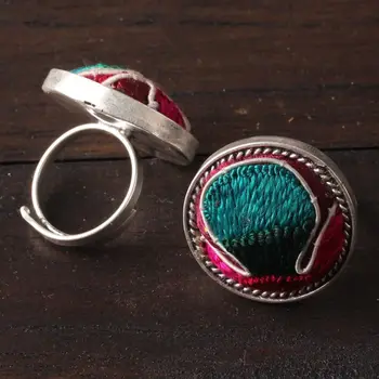  5PC Nové Národné štýl Výšivky krúžky Miao strieborné pozlátené etnických bavlna šperky tvorivé osobnosti módne farebné krúžok