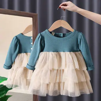  Dievčatá šaty nové čistej gázy opuchnuté tortu šaty detské detské čistej bavlny dlhým rukávom princezná šaty jeseň