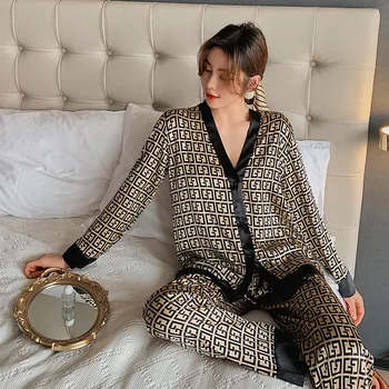  2021 dámske Saténové Pyžamo Nastaviť tvaru Dizajn, Luxusný Kríž List Tlač Sleepwear Hodváb Ako oblečenie pre voľný čas Xxl Veľkosť Odev
