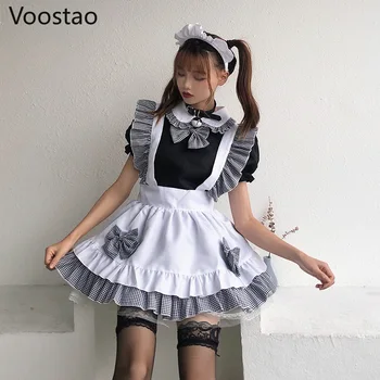  Japonský Gothic Lolita Šaty Žien Sladké Mačky Čierne Kockované Luk Volánikmi Strany Mini Šaty Viktoriánskej Dievčatá Roztomilý Zástera Slúžka Šaty