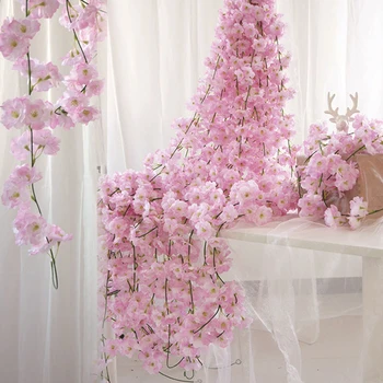  210 cm Hodváb Sakura Umelé Čerešňový Kvet Kvet Viniča Rozloženie Ratan Stene Visí Veniec Veniec Na spoločenské, Svadobné Dekorácie