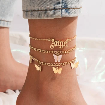  HuangTang Boho Motýľ List Prívesok Ponožky pre Ženy, Zlatá Farba Star Flitrami Reťazca Anklet Nohy Pôvabné Pláže Šperky Darček